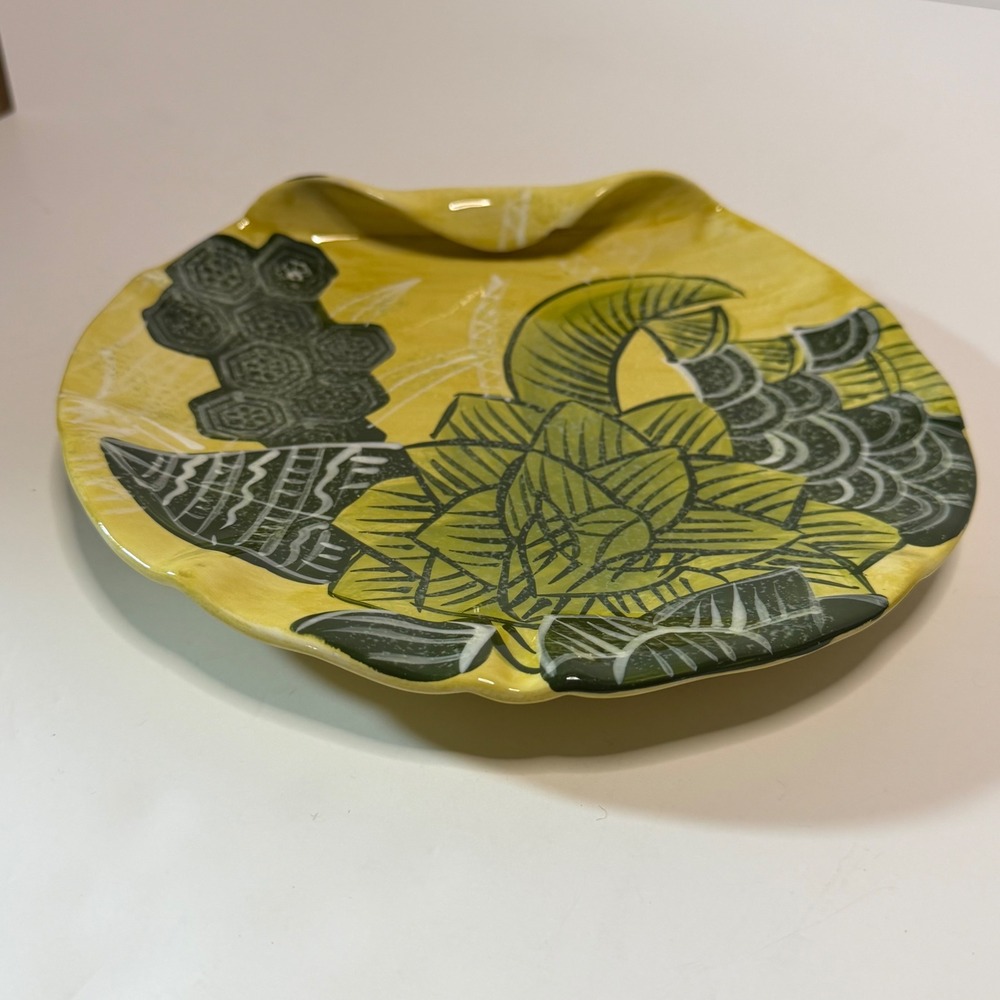 Tommy Bahama 2 Yellow Green Botanical Ceramic Salad Plates Folded Edge 8.5"